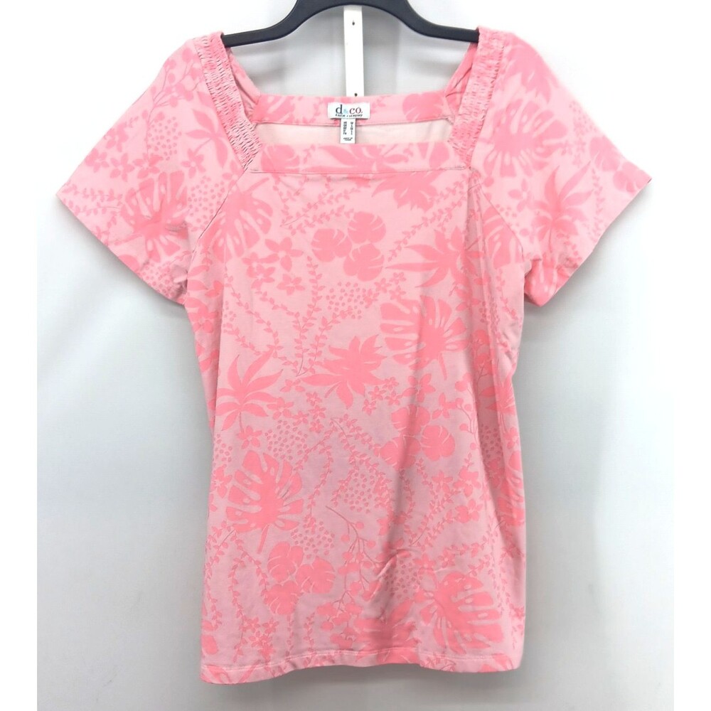 D&Co. Shirt Women Medium Pink Floral Tropical Short Sleeve Square Neck Top